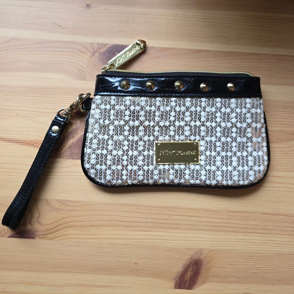 Betsey Johnson Betseyville Sequin Studded Wristlet Clutch Gold Black White Bag